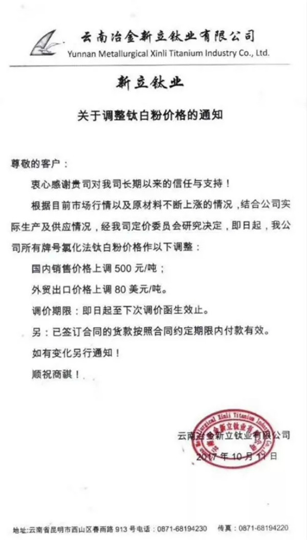 鈦白粉又雙叒叕漲價 16家鈦白粉企業集中提價